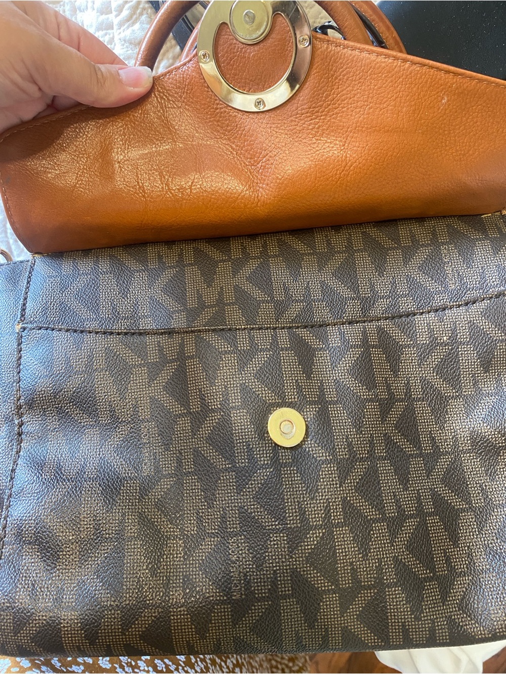 Michael Kors Brown & Tan MK Logo Satchel with Gold Accent - Picture 12 of 13